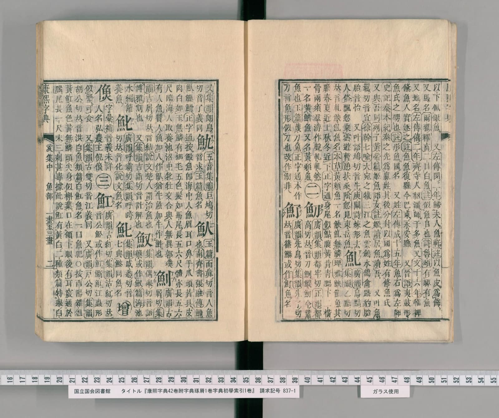 『康熙字典』魚部コマ4の見開き。右ページの左寄り、丸囲みの「二」の下に見出し「魛」