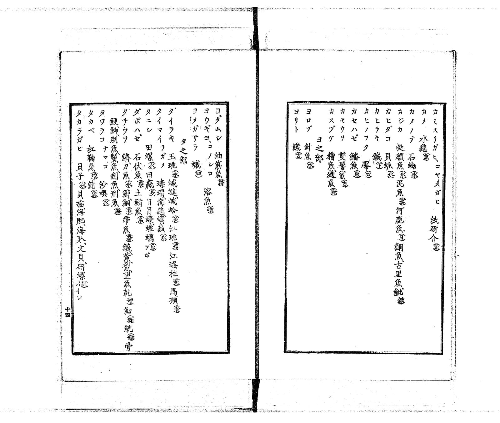『水産俗字集』コマ14の見開き。左ページの「タ之部」に「タチウヲ」の項