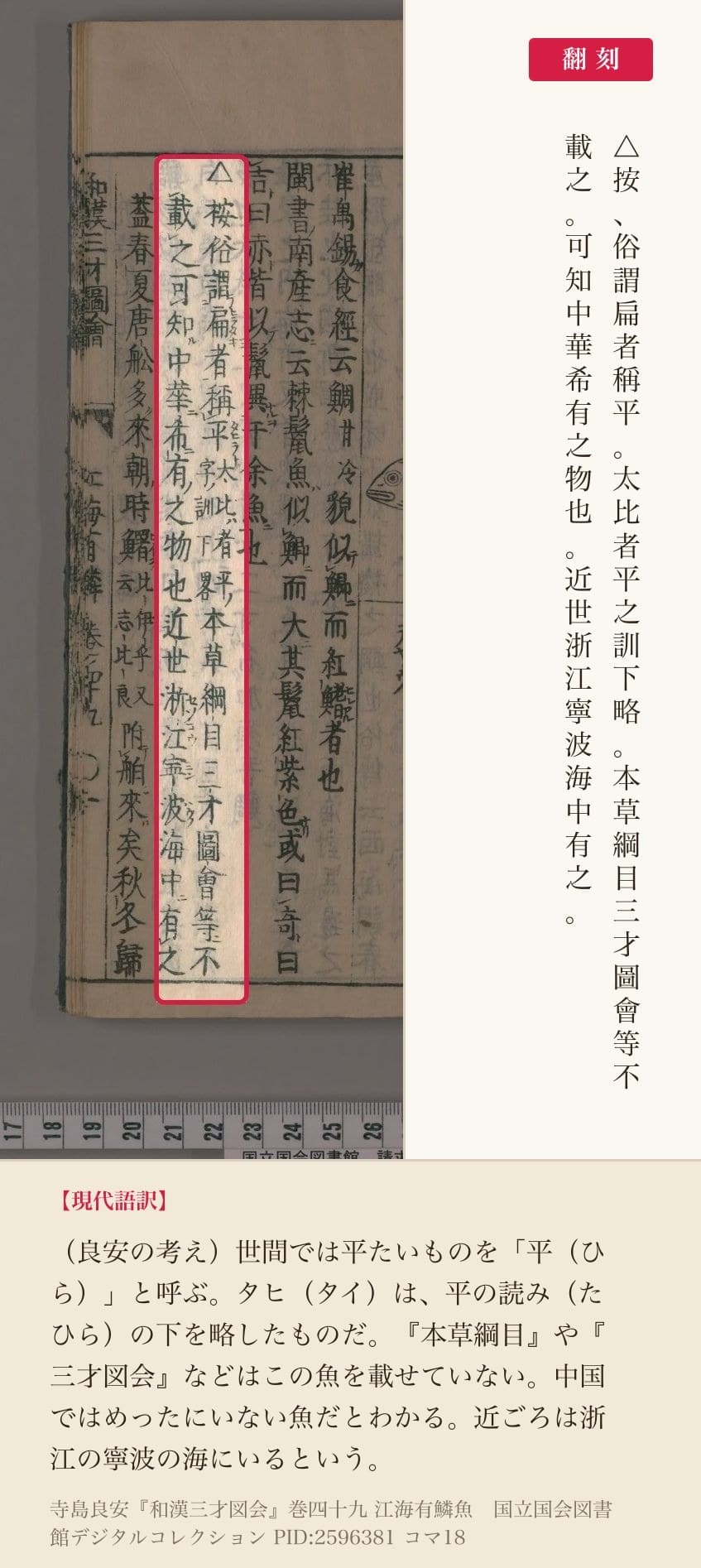 『和漢三才図会』巻四十九コマ18の「△按、俗謂扁者稱平……本草綱目三才圖會等不載之。可知中華希有之物也」の2列と翻刻