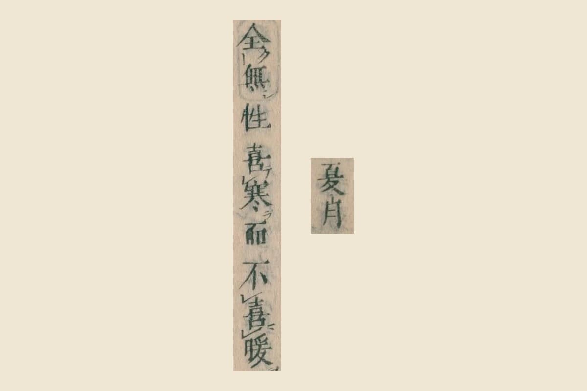 『本朝食鑑』コマ163左ページの「夏月」と「全無性喜寒而不喜暖」の大写し