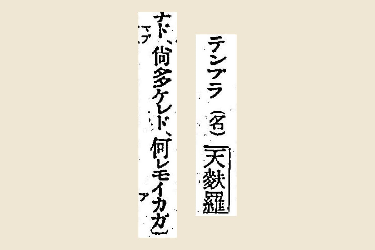 『言海』の見出し「テンプラ（名）天麩羅」と「尚多ケレド、何レモイカガ」の大写し