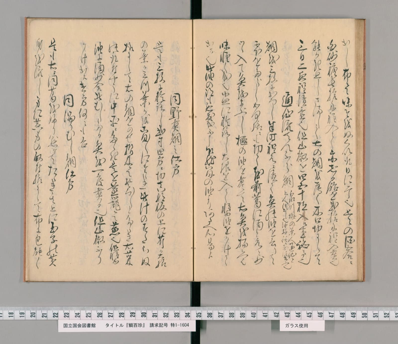 『鯛百珍』の写本コマ30の見開き。筆で書かれたくずし字