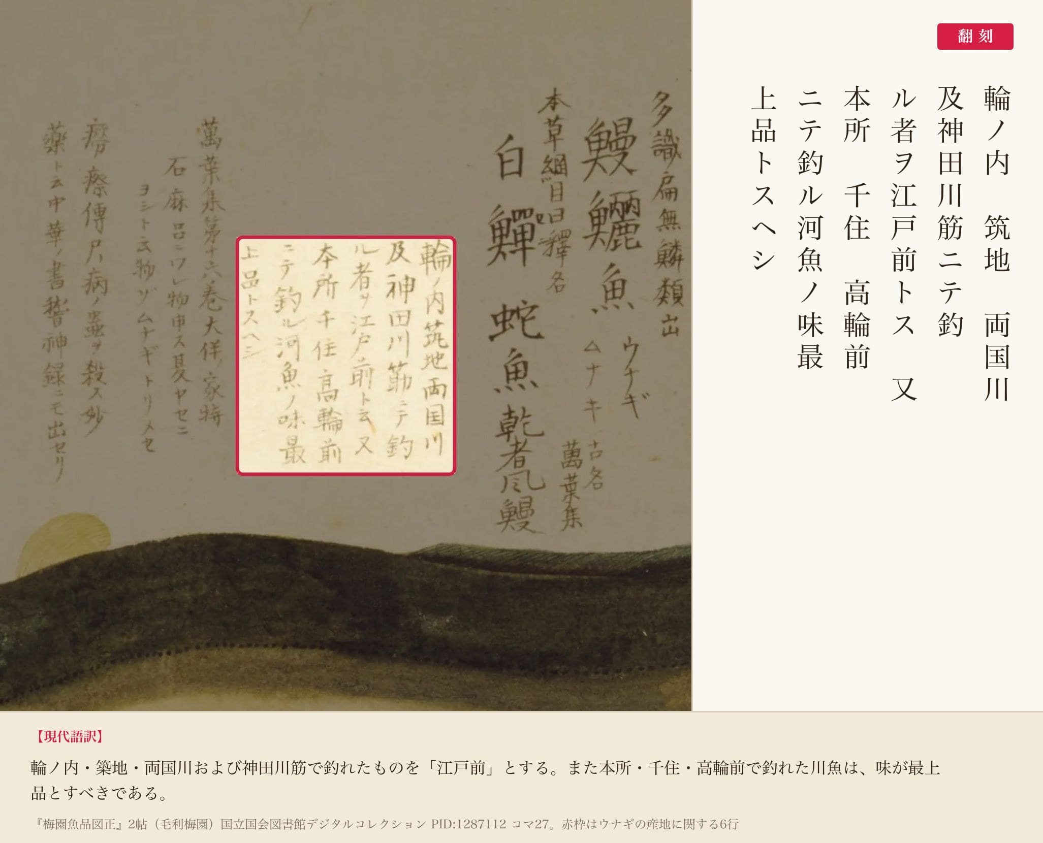 『梅園魚品図正』2帖コマ27、ウナギの産地に関する記述の赤枠注釈と翻刻