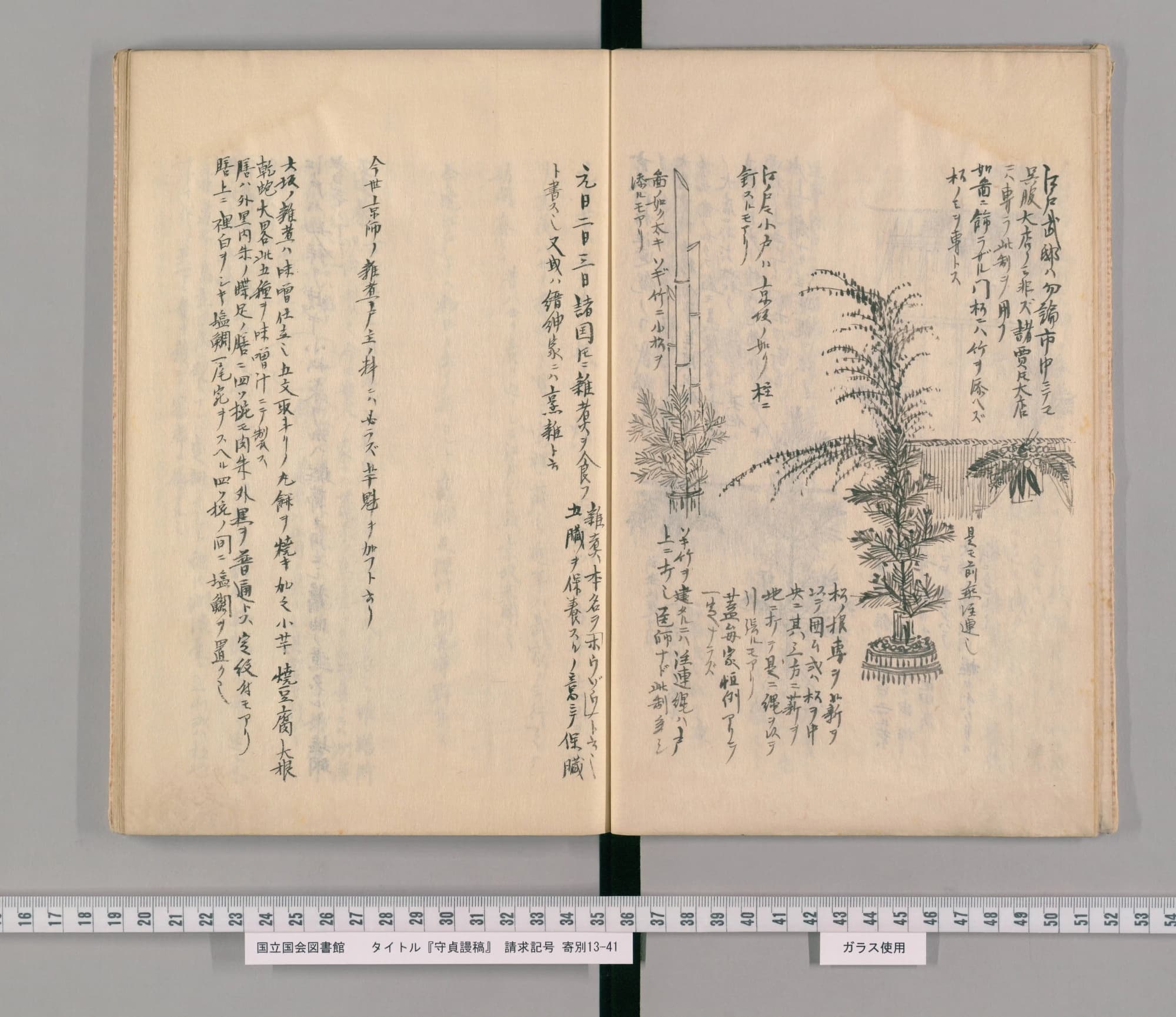 『守貞謾稿』巻二十六コマ6の見開き。右ページに門松の絵、左ページに手書きの本文