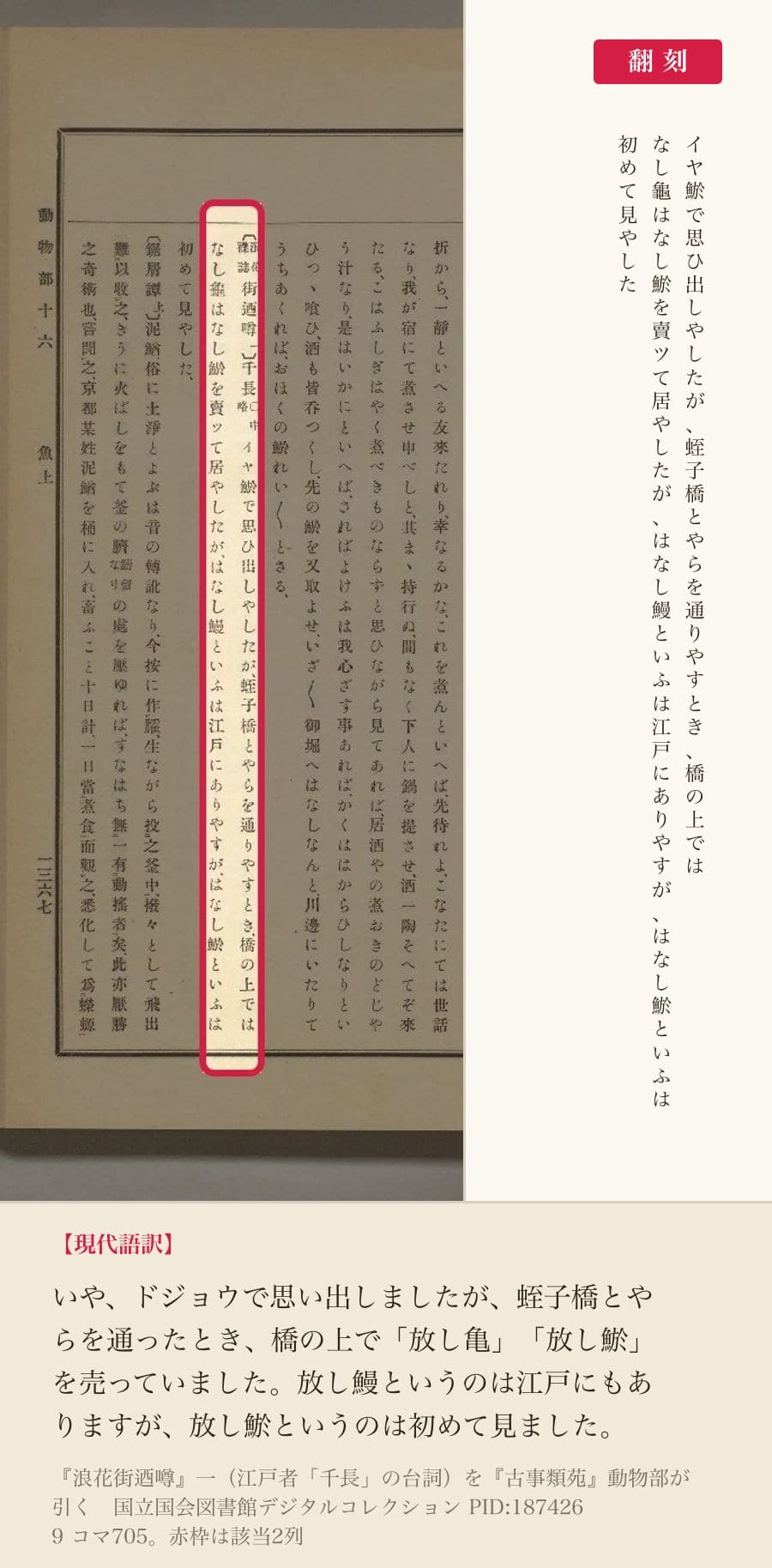 『古事類苑』動物部が引く『浪花街迺噂』の、放し鯲についての台詞2列と翻刻