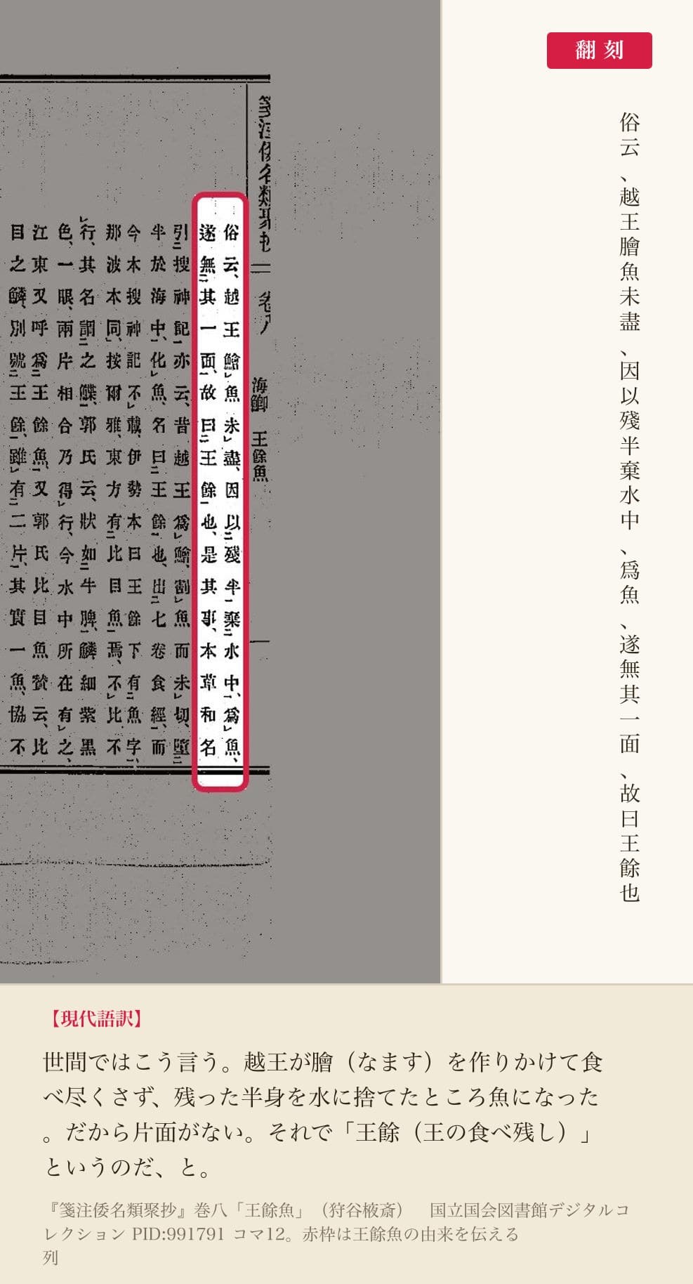 『箋注倭名類聚抄』巻八「王餘魚」の、名の由来を伝える列と翻刻