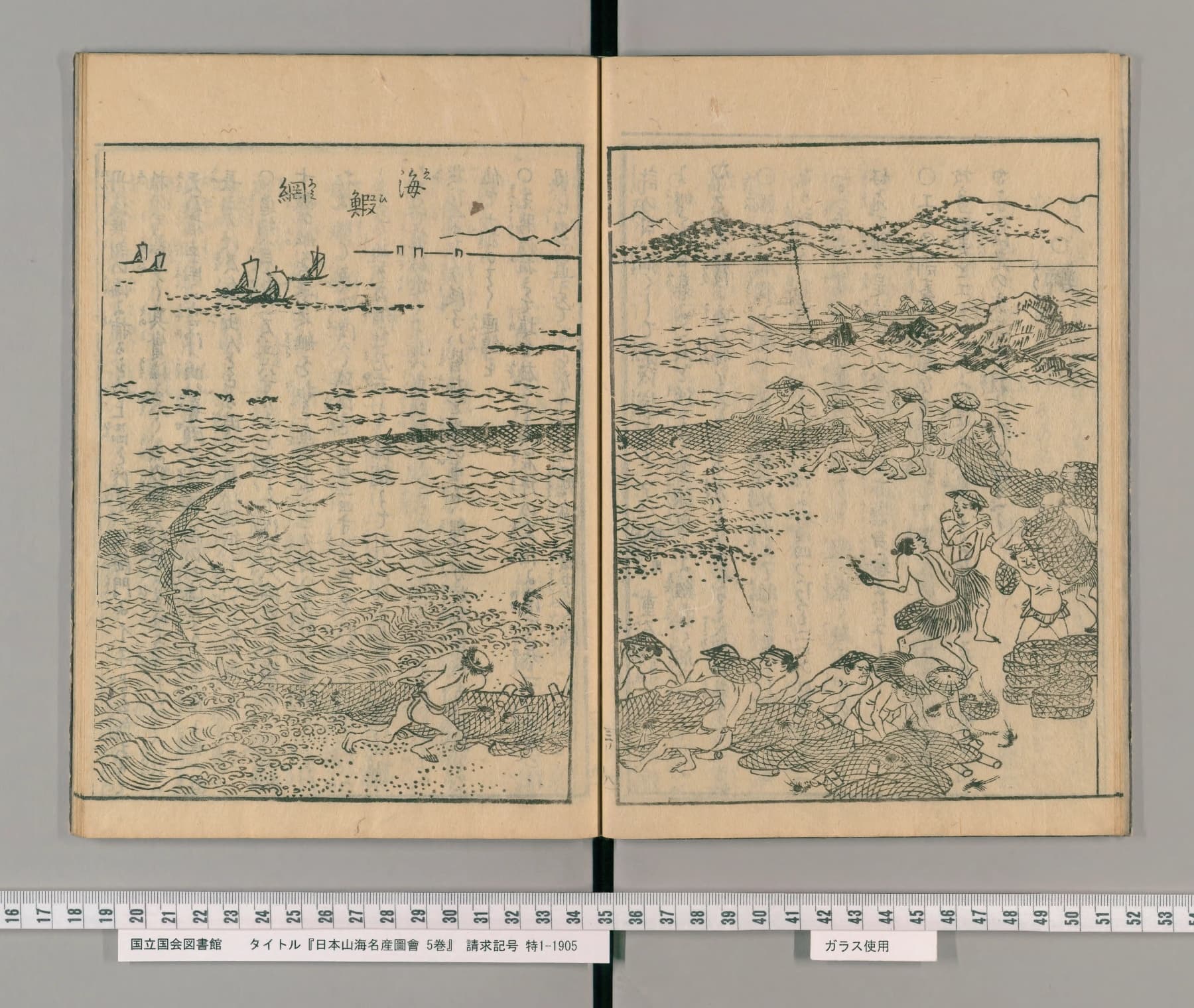 『日本山海名産図会』巻之三の見開き図。右上の題字は「海鰕網(えびあみ)」