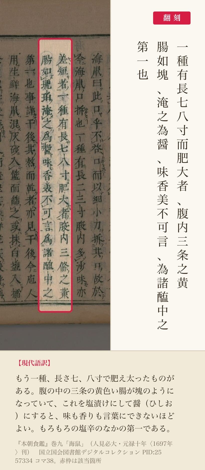 『本朝食鑑』の海鼠の項、このわたの記述と翻刻。「腹内三条之黄腸如塊、淹之為醤、味香美不可言、為諸醢中之第一也」