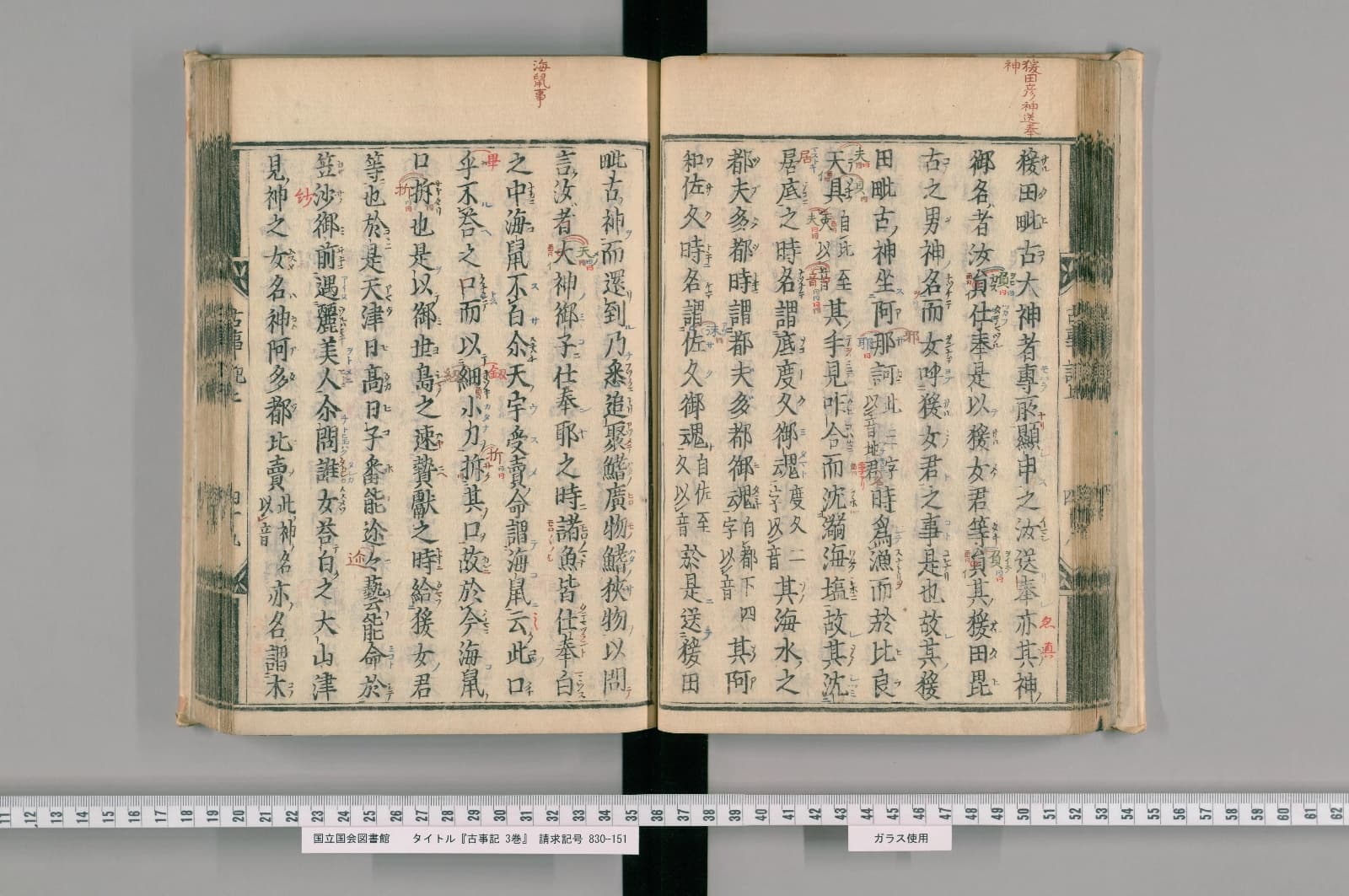 寛永二十一年刊『古事記』上巻の見開き。朱と青の書き入れがある