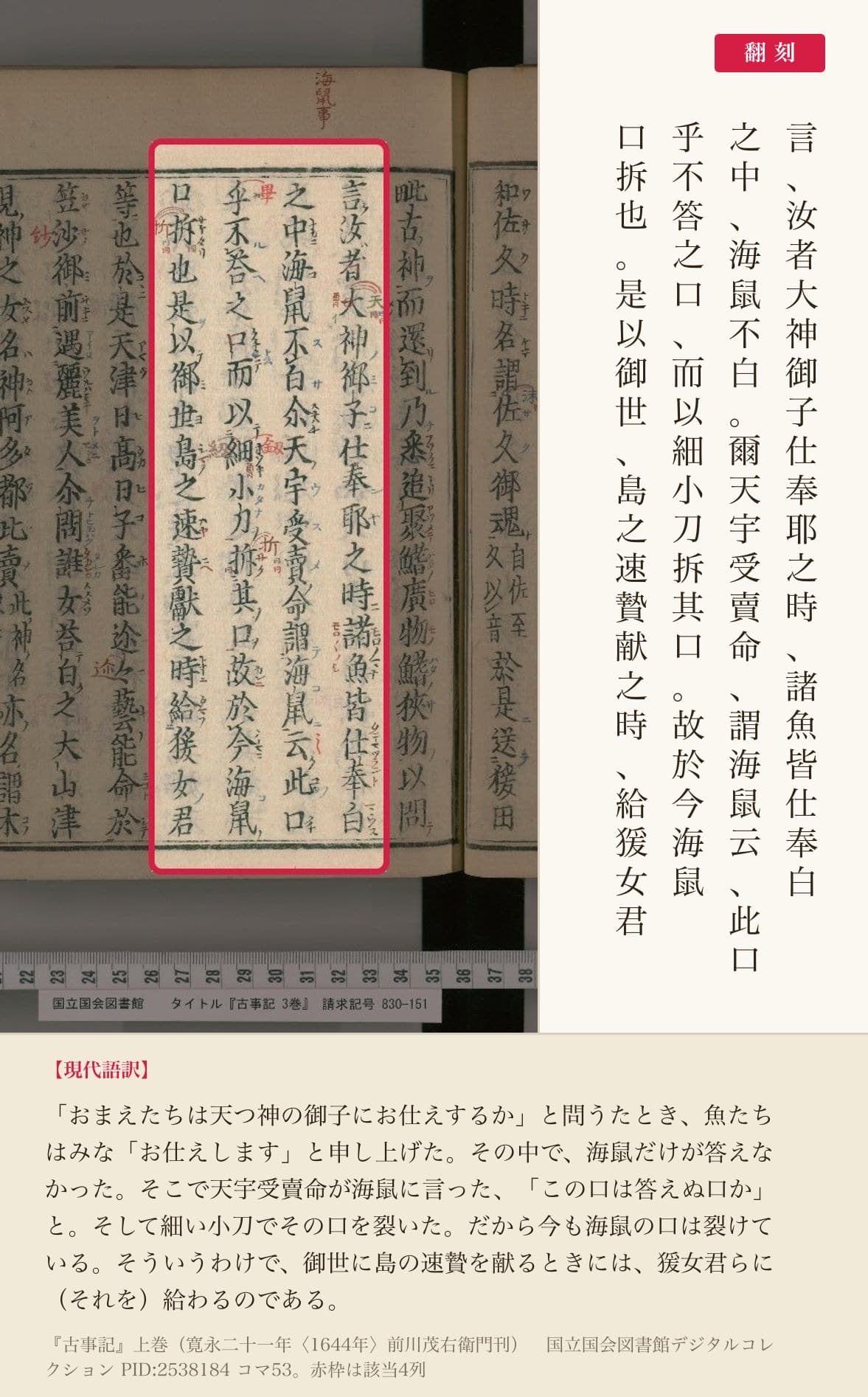 『古事記』の海鼠の場面、4列と翻刻。「海鼠不白。爾天宇受賣命、謂海鼠云、此口乎不答之口、而以細小刀拆其口」