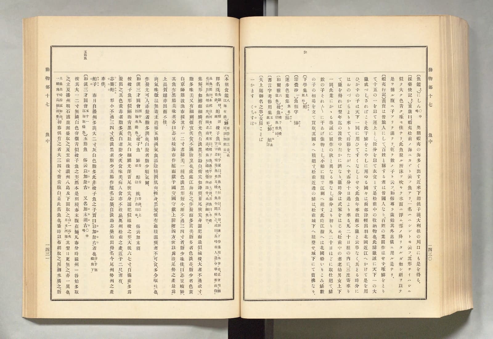 『古事類苑』動物部十七 魚中 1430頁。右列に『魚鑑』『採藥使記』、中ほどから『蝦夷行記』が引かれている