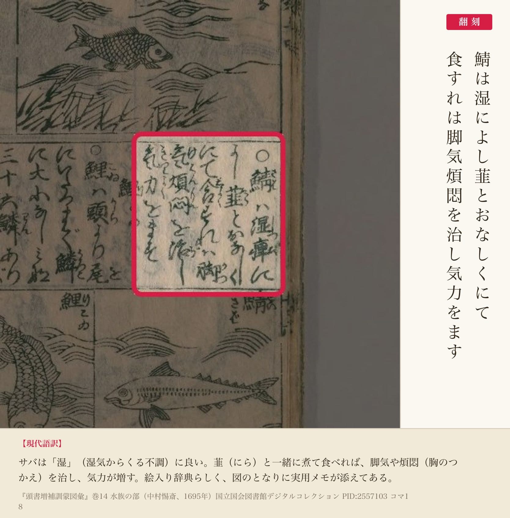 『頭書増補訓蒙図彙』鯖の効能書きの赤枠注釈と翻刻(PID2557103 コマ18)