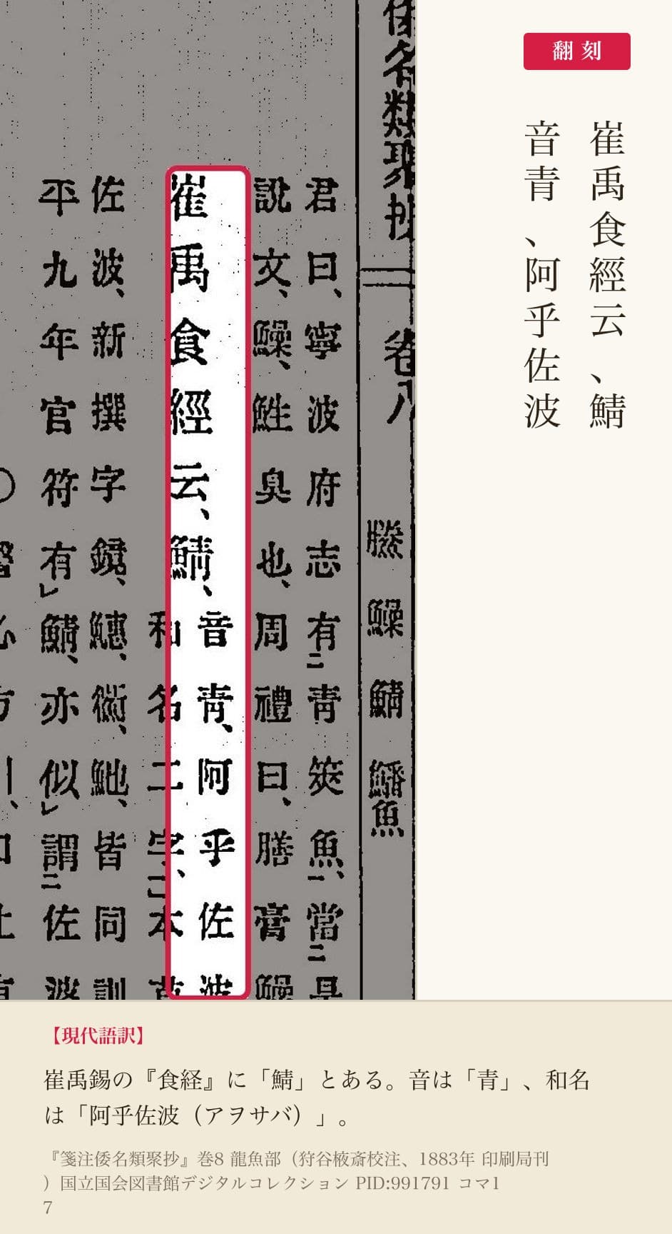 『箋注倭名類聚抄』鯖の項「崔禹食經云、鯖」と和名「阿乎佐波」の赤枠注釈と翻刻(PID 991791 コマ17)