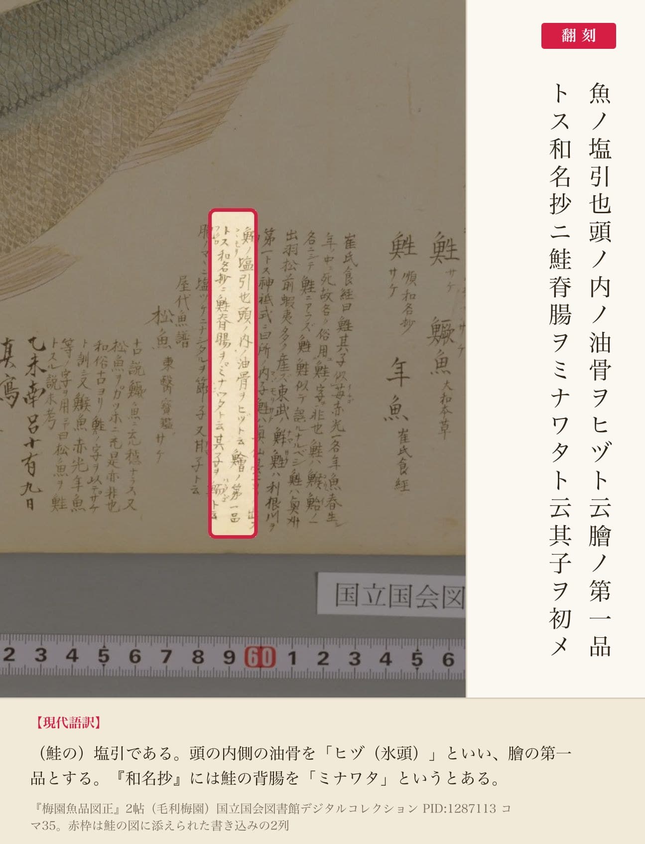『梅園魚品図正』2帖コマ35、サケの図に添えられた書き込みと翻刻