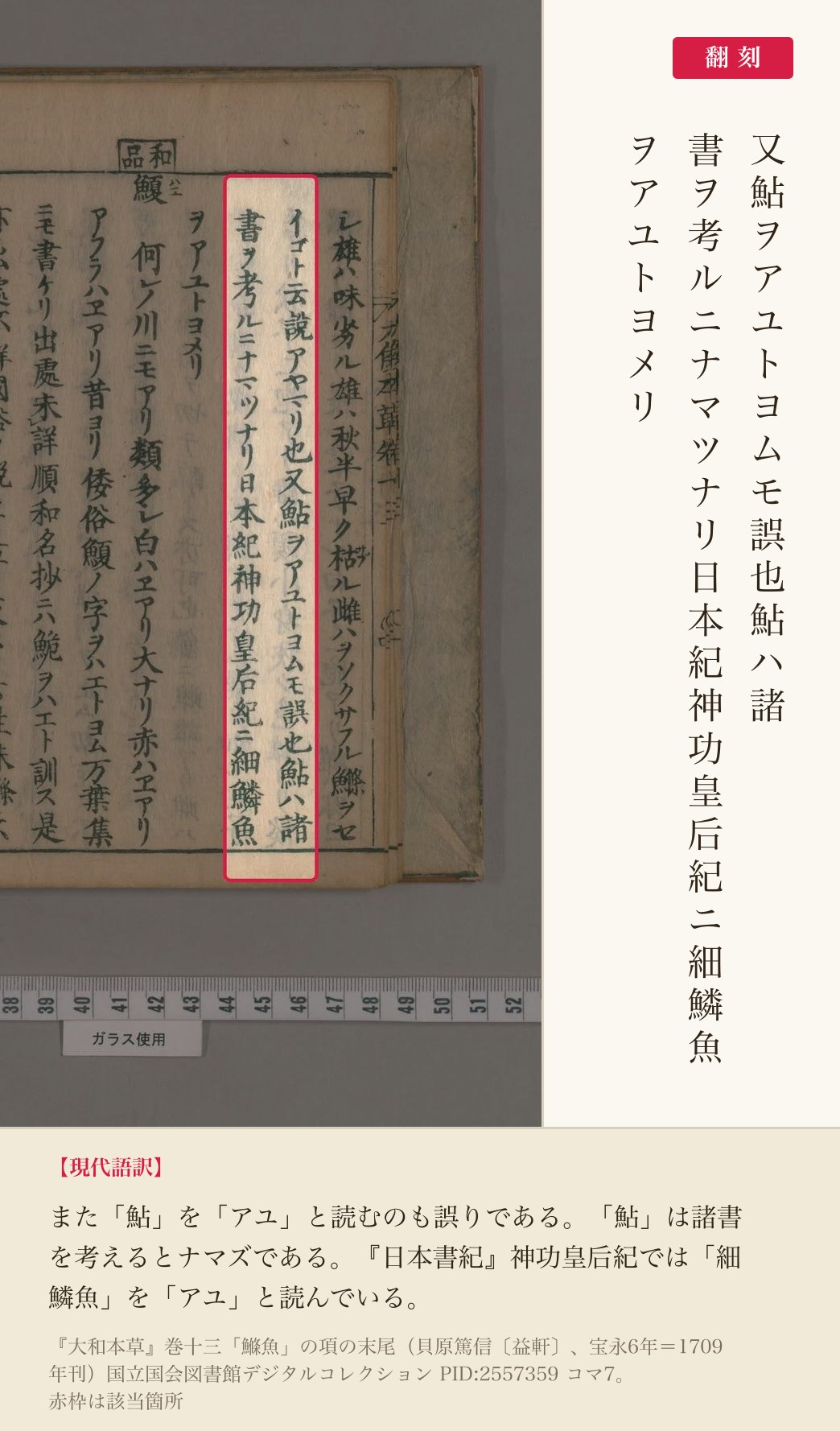 『大和本草』巻十三「鰷魚」の項の末尾、鮎の字についての記述と翻刻