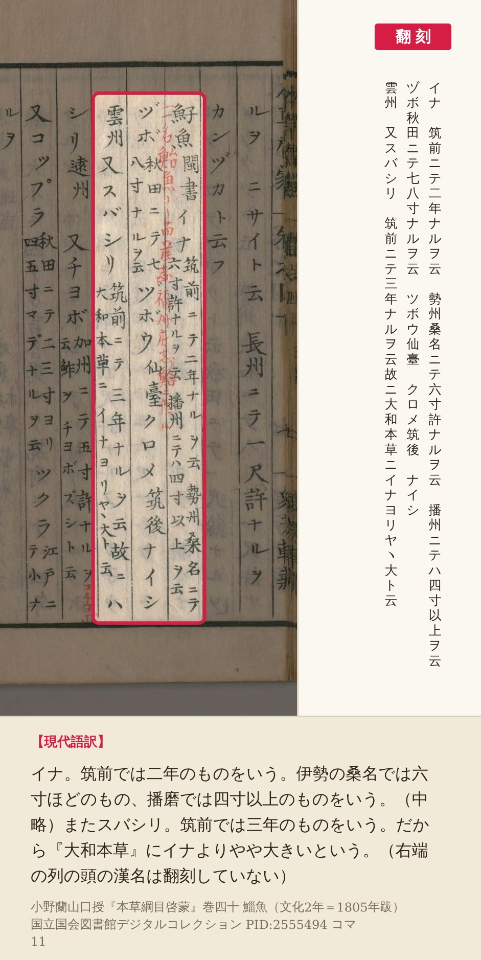 『本草綱目啓蒙』コマ11の右ページ、イナとスバシリの説明を含む3列の赤枠と翻刻