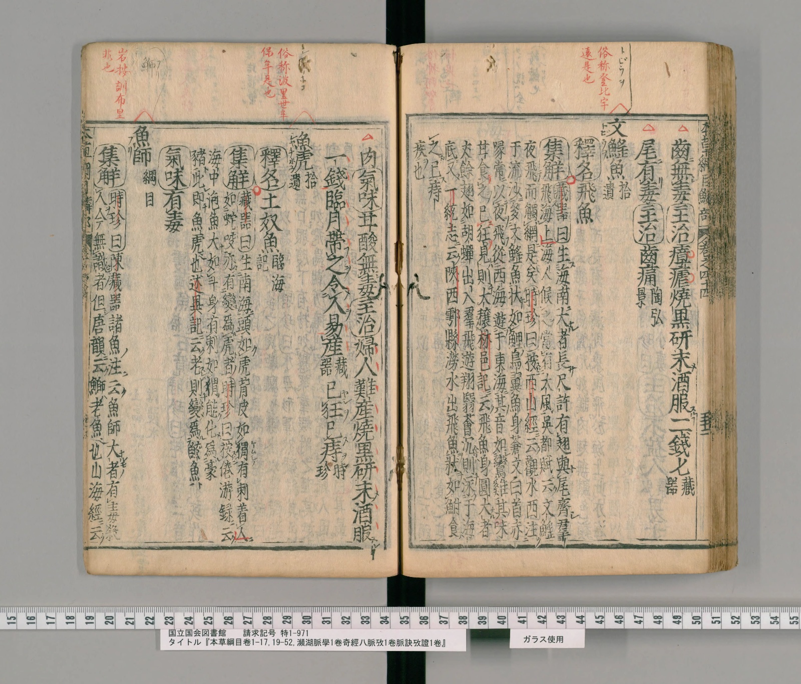 『本草綱目』承応2年刊本 巻四十四コマ100の見開き。左ページの後ろのほうに見出し「魚師」