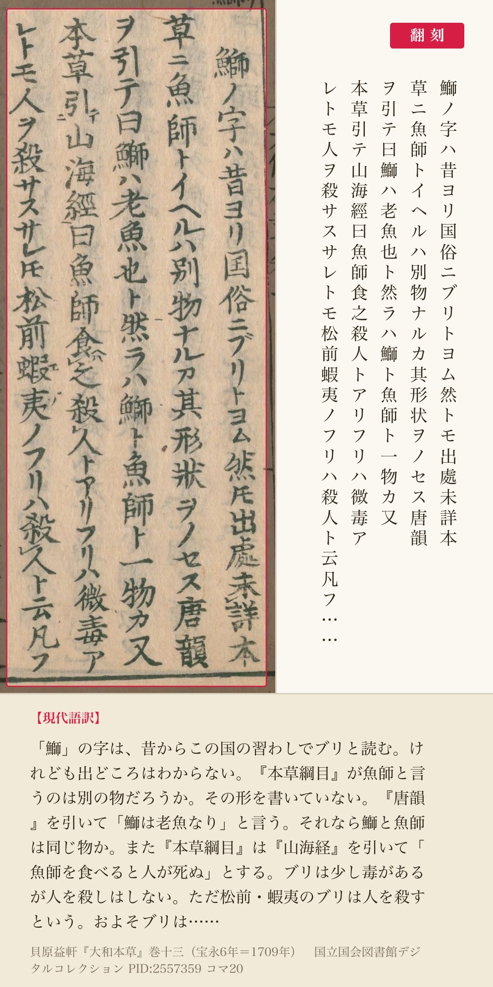 『大和本草』巻十三コマ20のブリの項の冒頭5列と翻刻