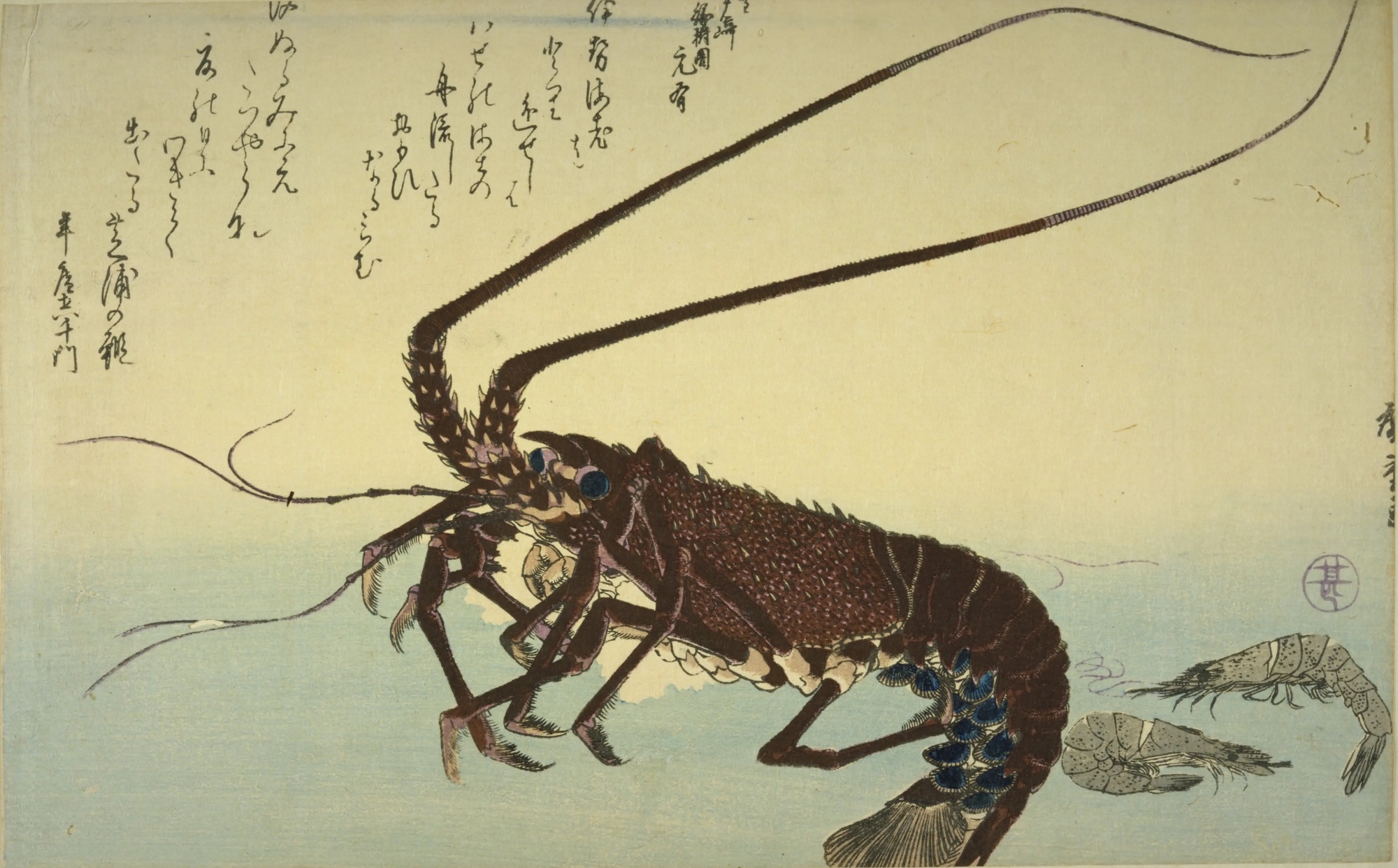 歌川広重の魚づくしの一枚。長い触角を振り上げた赤茶色の伊勢海老と、右下に灰色の芝えび2尾。左上に狂歌が2首