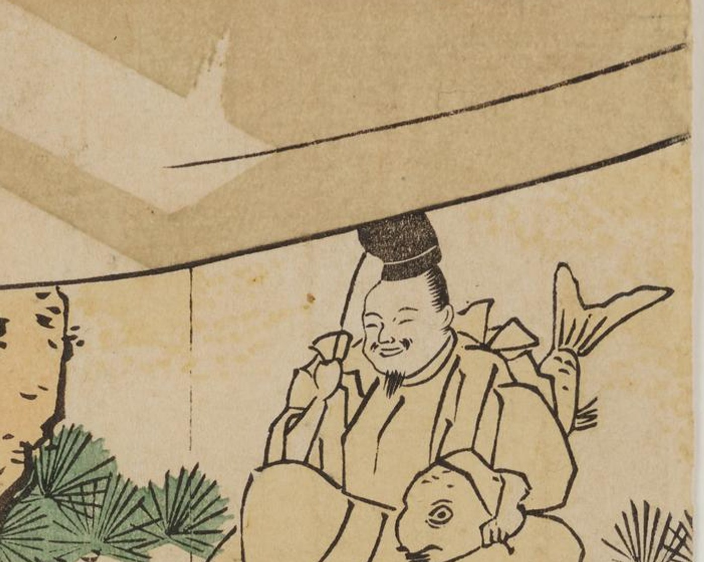 鳥高斎栄昌の錦絵「恵比寿講」の部分。烏帽子をかぶった恵比寿の像が目を細めて笑い、片腕に大きな鯛を抱えている