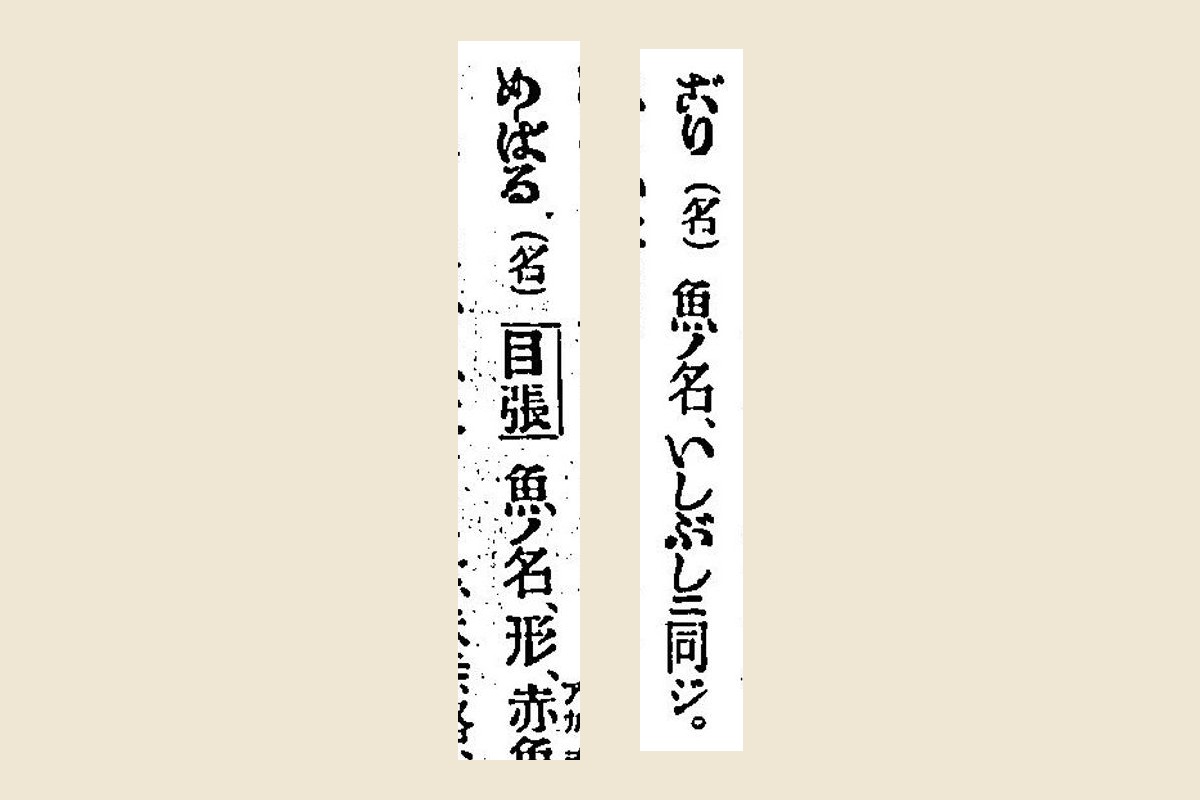 『言海』の見出し「ごり（名）魚ノ名、いしぶしニ同ジ」と「めばる（名）目張」の大写し