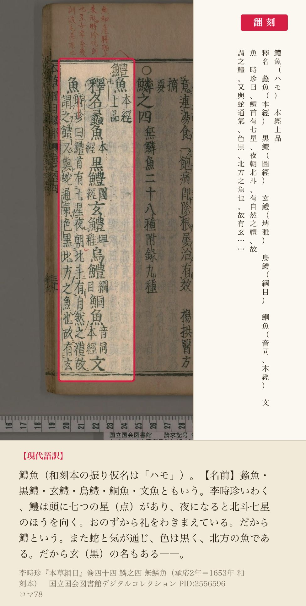 『本草綱目』巻四十四コマ78の鱧魚の見出しと釈名の4列と翻刻