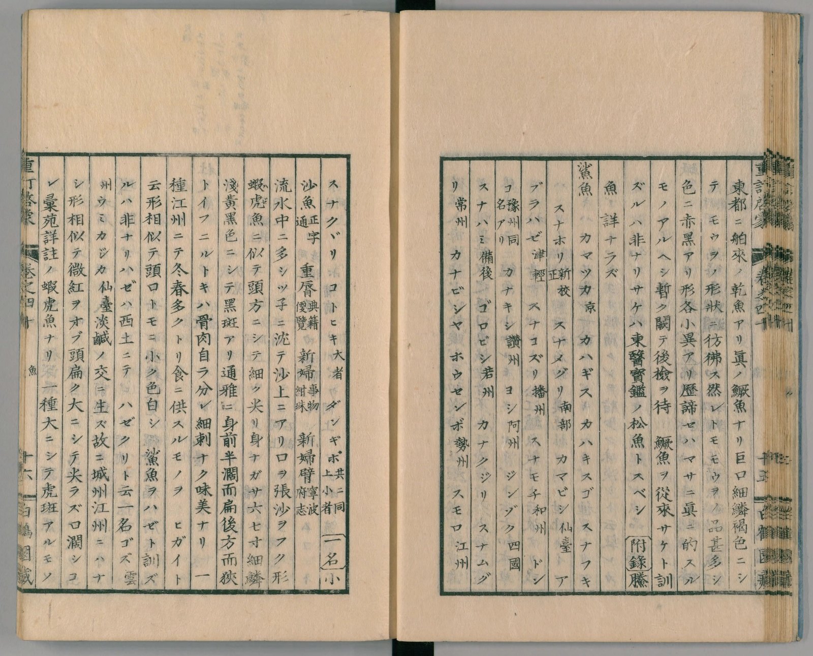『重訂本草綱目啓蒙』コマ19の見開き。右ページの中ほどに見出し「鯊魚」、左ページの中ほどの列に「ヒガイ」の字