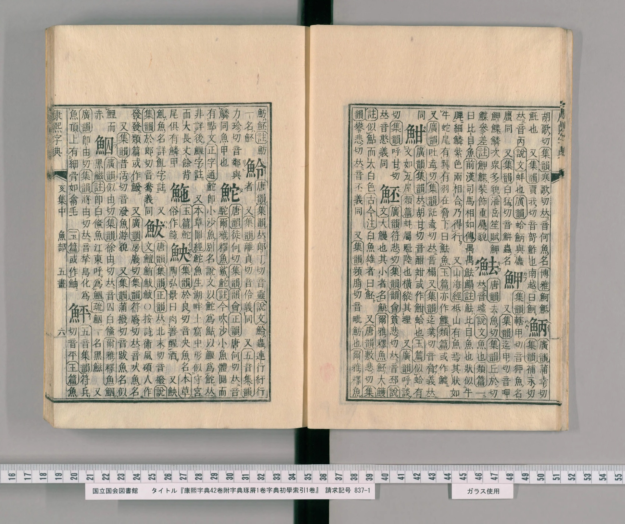 『康熙字典』和刻本の魚部コマ8の見開き。魚へんの字が大きな見出しで並び、左ページの左端の下に「鮃」