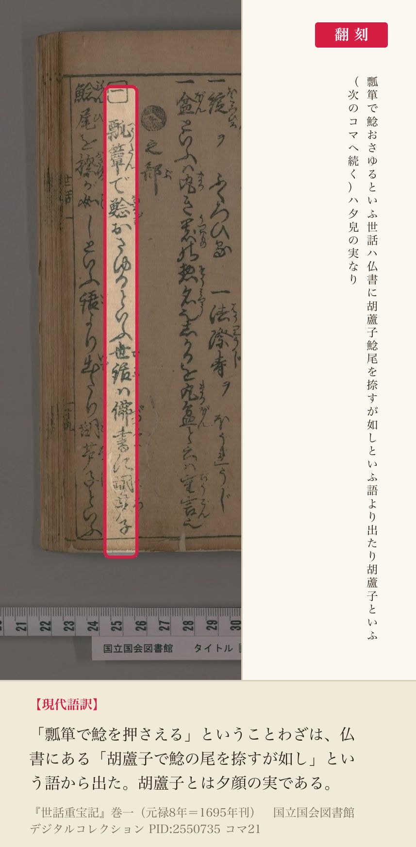 『世話重宝記』コマ21の「瓢箪で鯰おさゆるといふ世話は仏書に胡蘆子鯰尾を捺すが如しといふ語より出たり」の列と翻刻