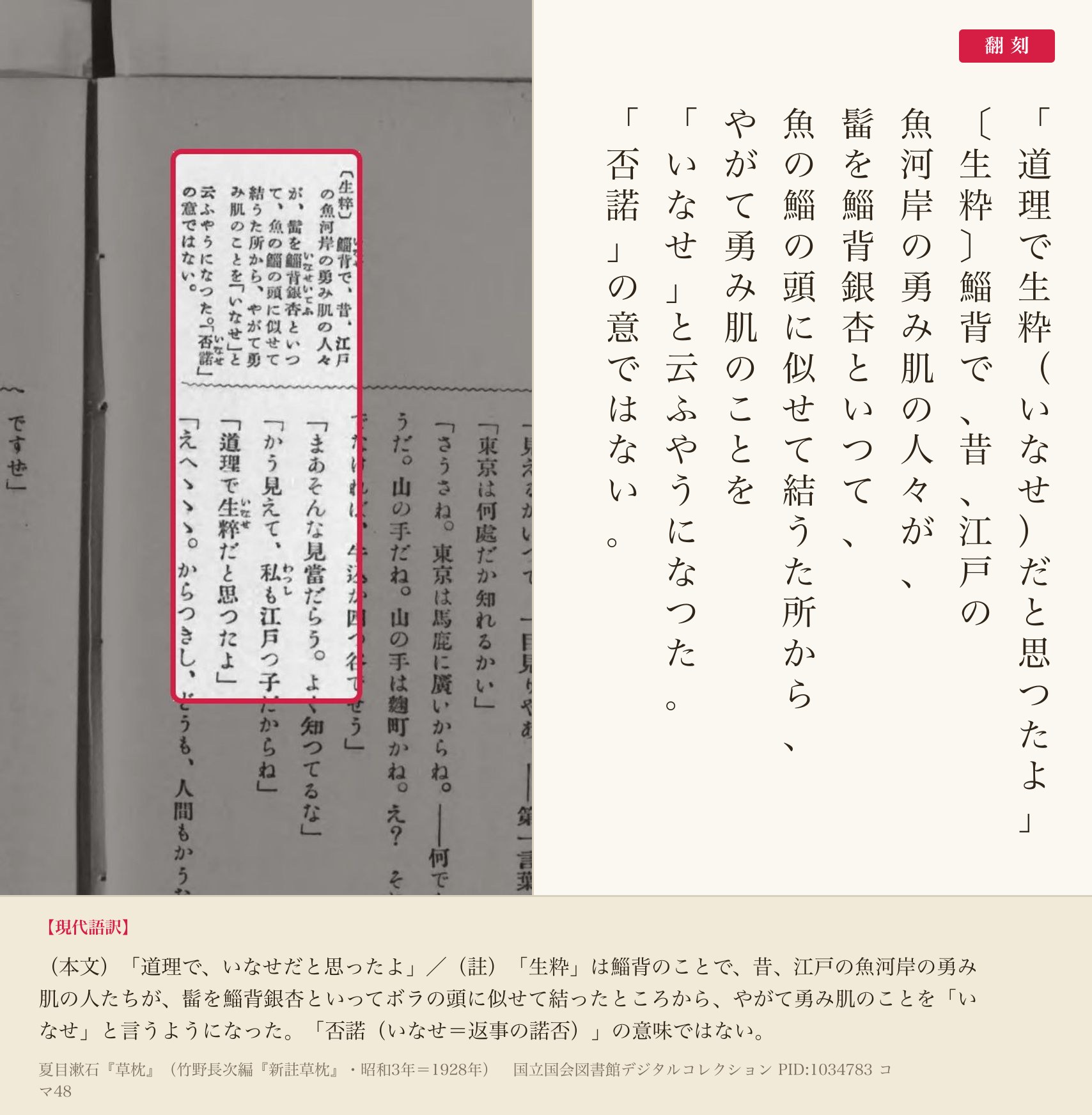 『新註草枕』コマ48の本文「道理で生粋だと思つたよ」と註「魚の鯔の頭に似せて」の列と翻刻