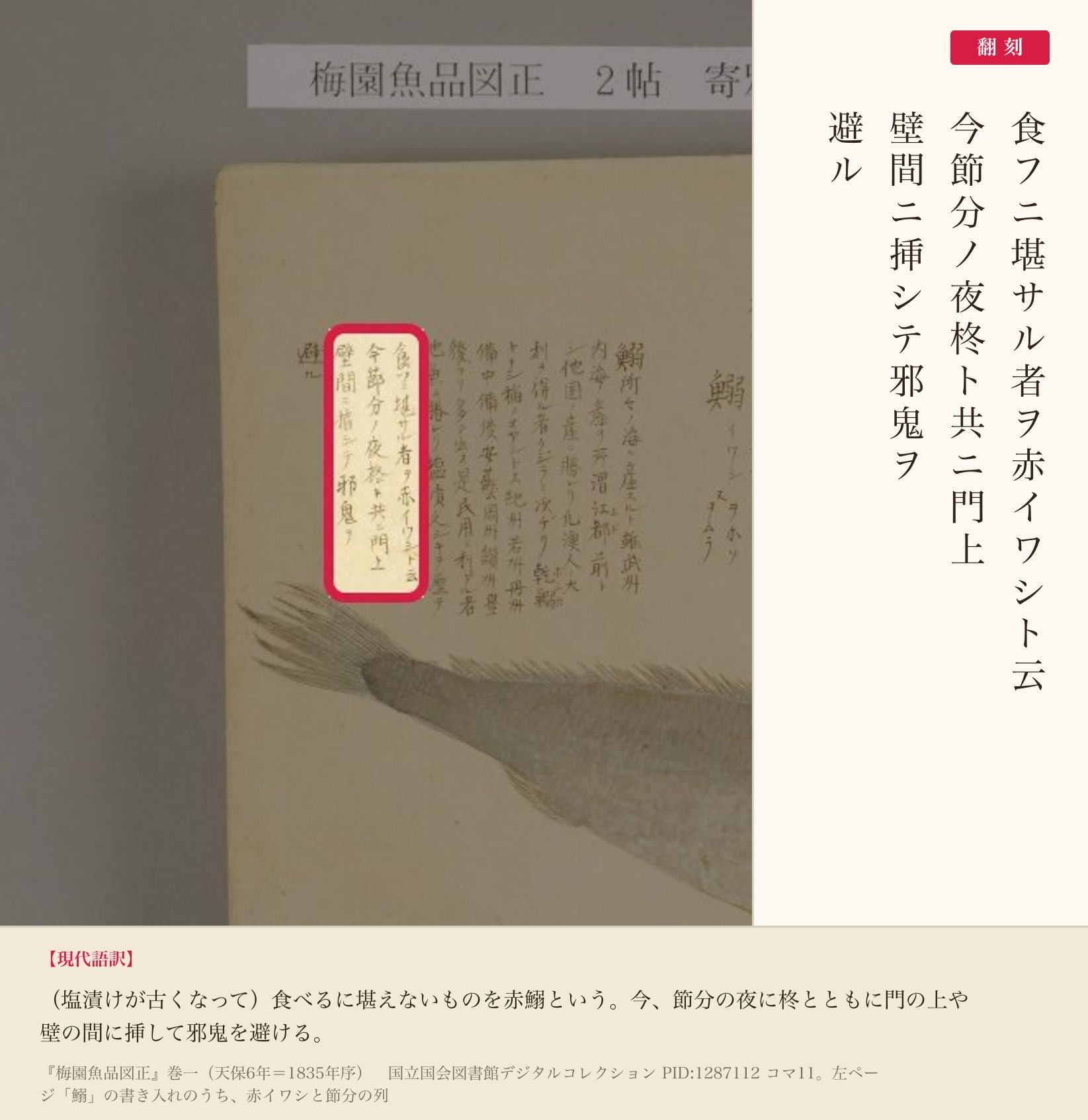 『梅園魚品図正』巻一コマ11の鰯の書き入れのうち「今節分ノ夜柊ト共ニ門上壁間ニ挿シテ邪鬼ヲ避ル」の列と翻刻