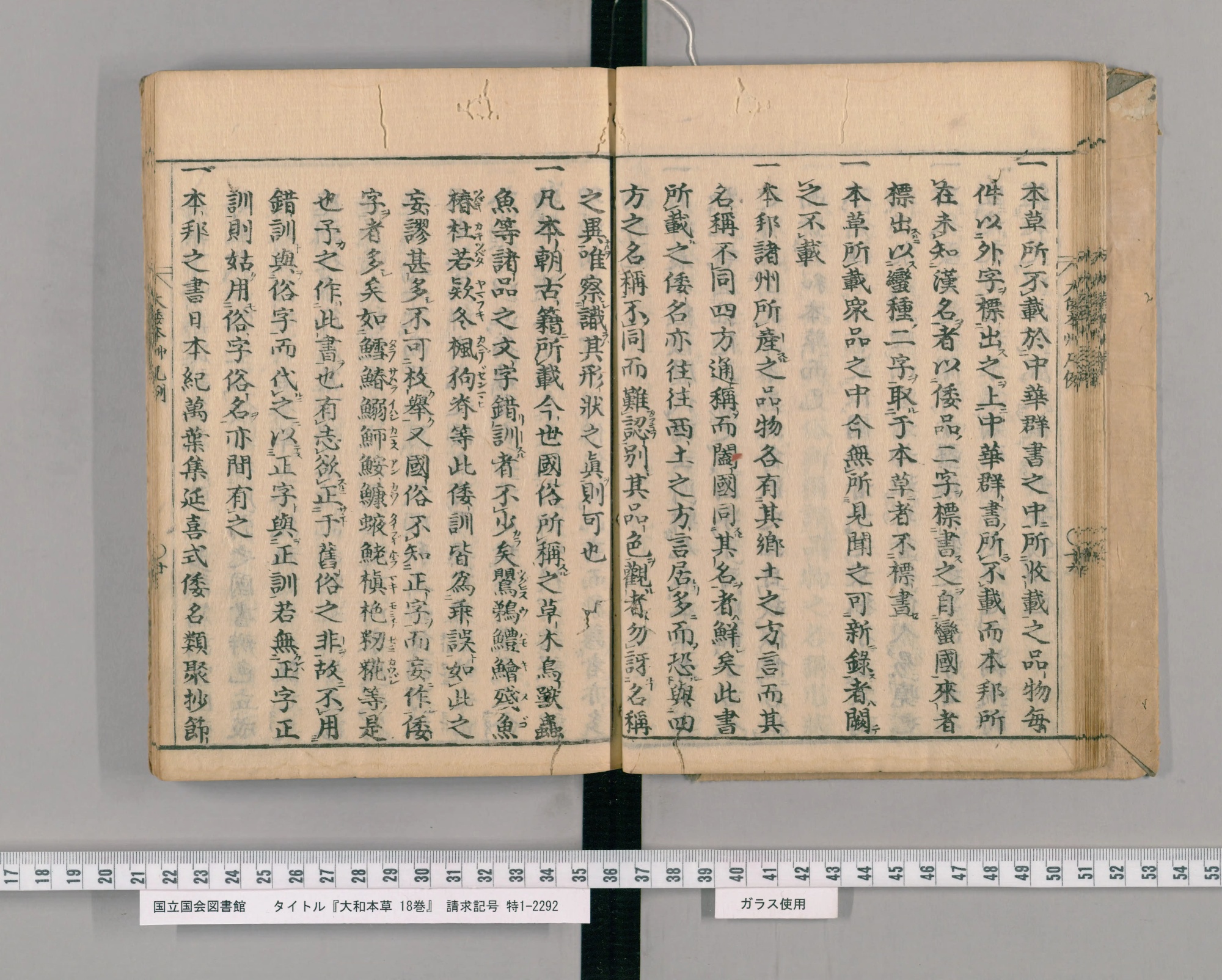 『大和本草』凡例コマ25の見開き。「一」で始まる箇条が漢文で並び、字の脇に送り仮名や振り仮名がつく