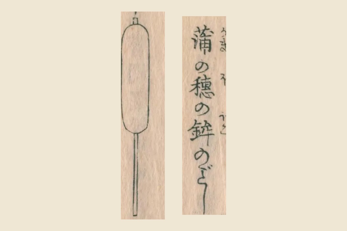 『蒹葭堂雑録』コマ24の、竹串につけた蒲鉾の絵と「蒲の穂の鉾のごとし」の大写し