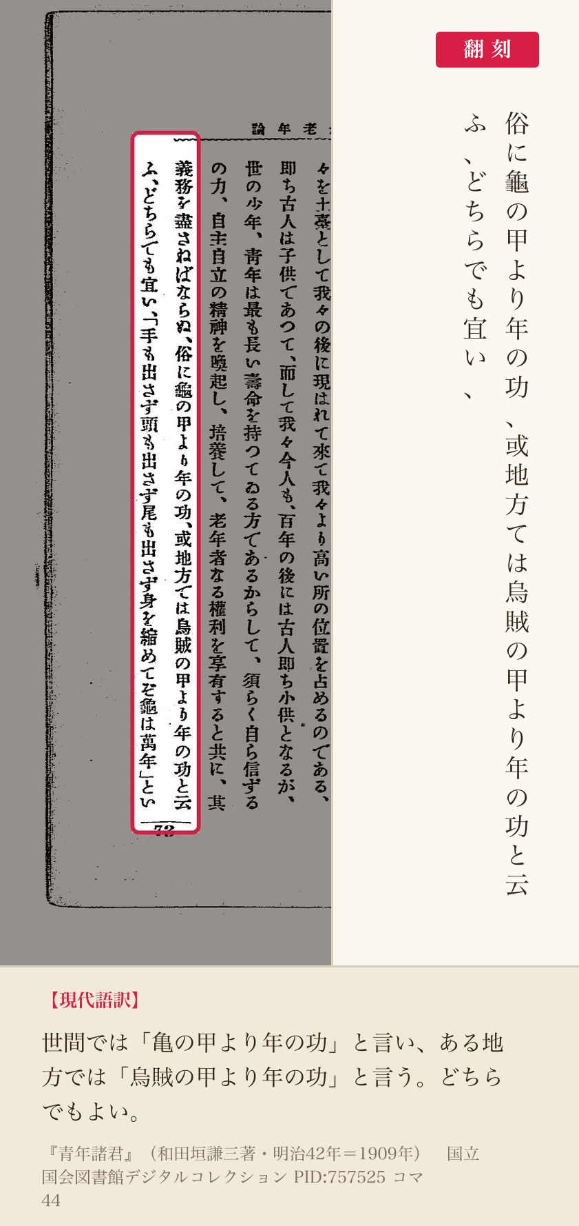 『青年諸君』コマ44の「俗に龜の甲より年の功、或地方ては烏賊の甲より年の功と云ふ、どちらでも宜い」の列と翻刻