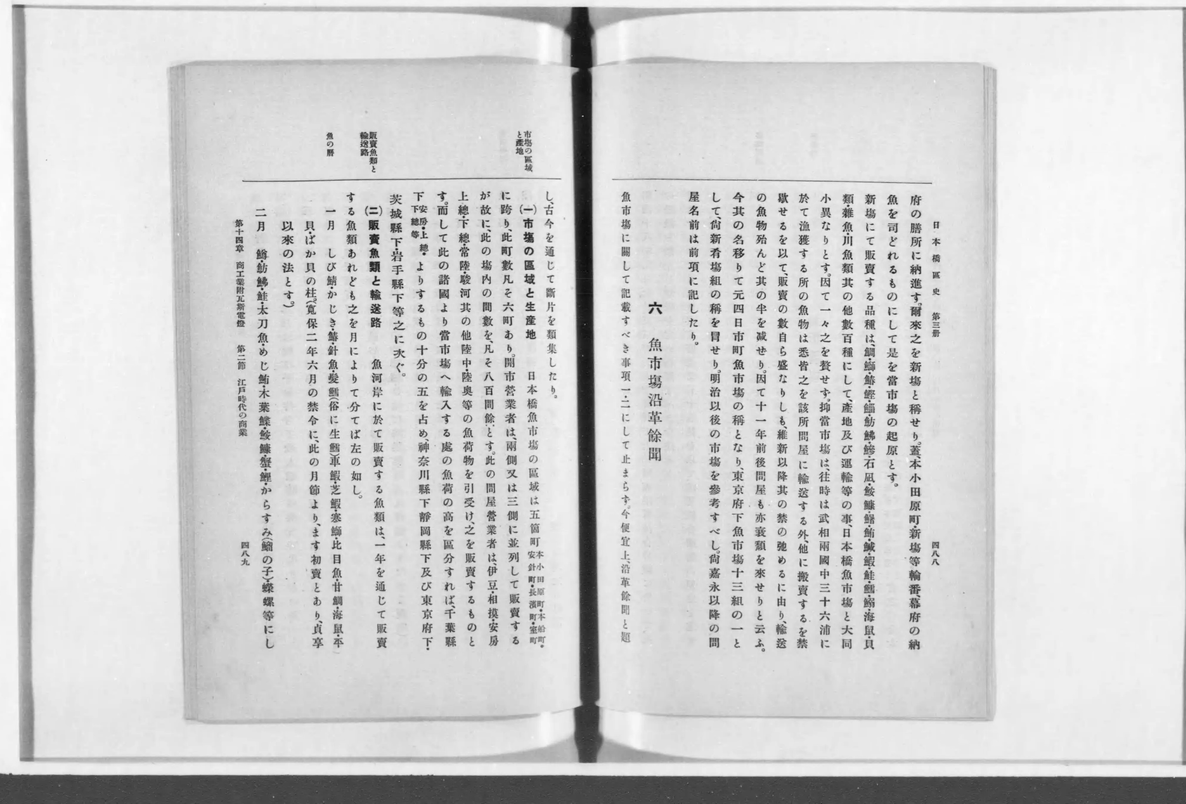 『日本橋区史』第三冊コマ260の見開き。右ページの後半に「六 魚市場沿革餘聞」の見出し、左ページに「（二）販賣魚類と輸送路」と月ごとの魚の並び