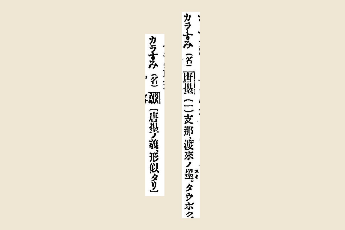 『言海』コマ187の「カラすみ（名）唐墨（一）支那渡來ノ墨」と「カラすみ（名）〔唐墨ノ義、形似タリ〕」の二つの見出しを大きく切り出したもの