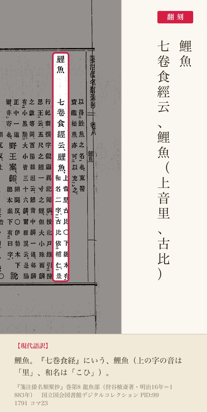 『箋注倭名類聚抄』巻八コマ23の見出し「鯉魚」と「七卷食經云、鯉魚（上音里、古比）」の翻刻
