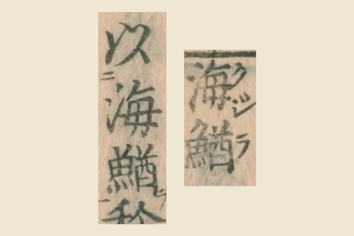 『大和本草』の見出し「海鰌（クジラ）」と本文「以海鰌称（ス）」の大写し