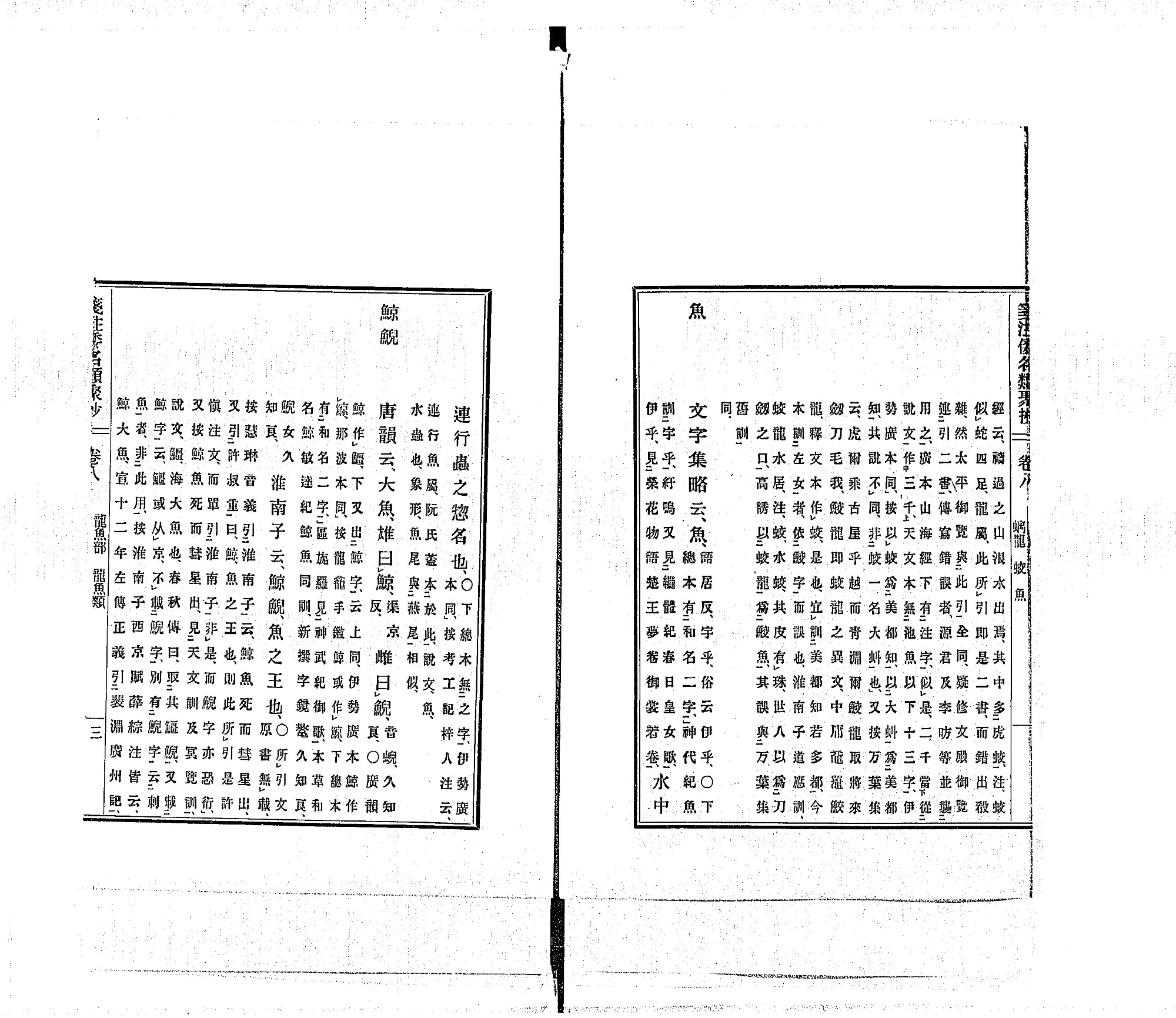 『箋注倭名類聚抄』巻八コマ4の見開き。右ページに見出し「魚」、左ページの頭に見出し「鯨鯢」