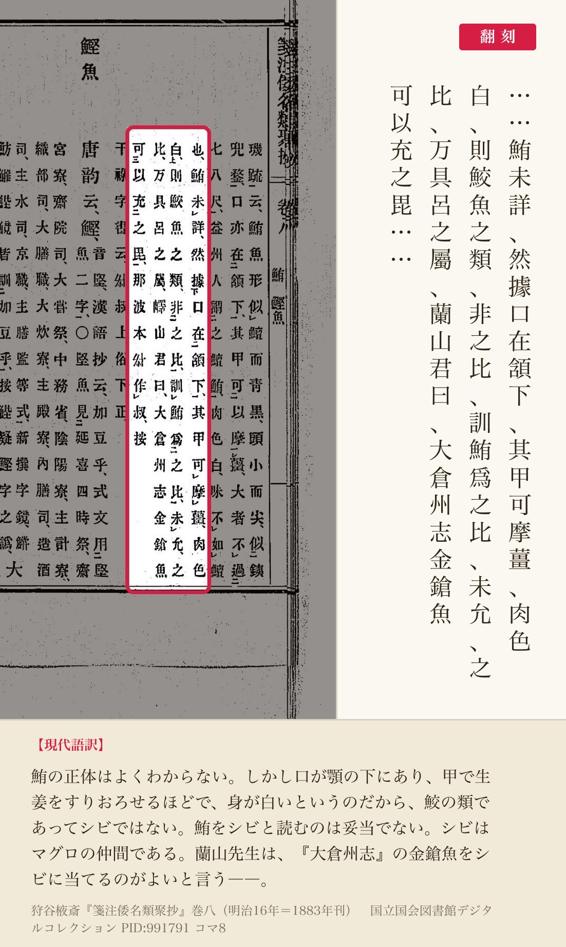 『箋注倭名類聚抄』巻八コマ8の「則鮫魚之類、非之比、訓鮪爲之比、未允」の4列と翻刻