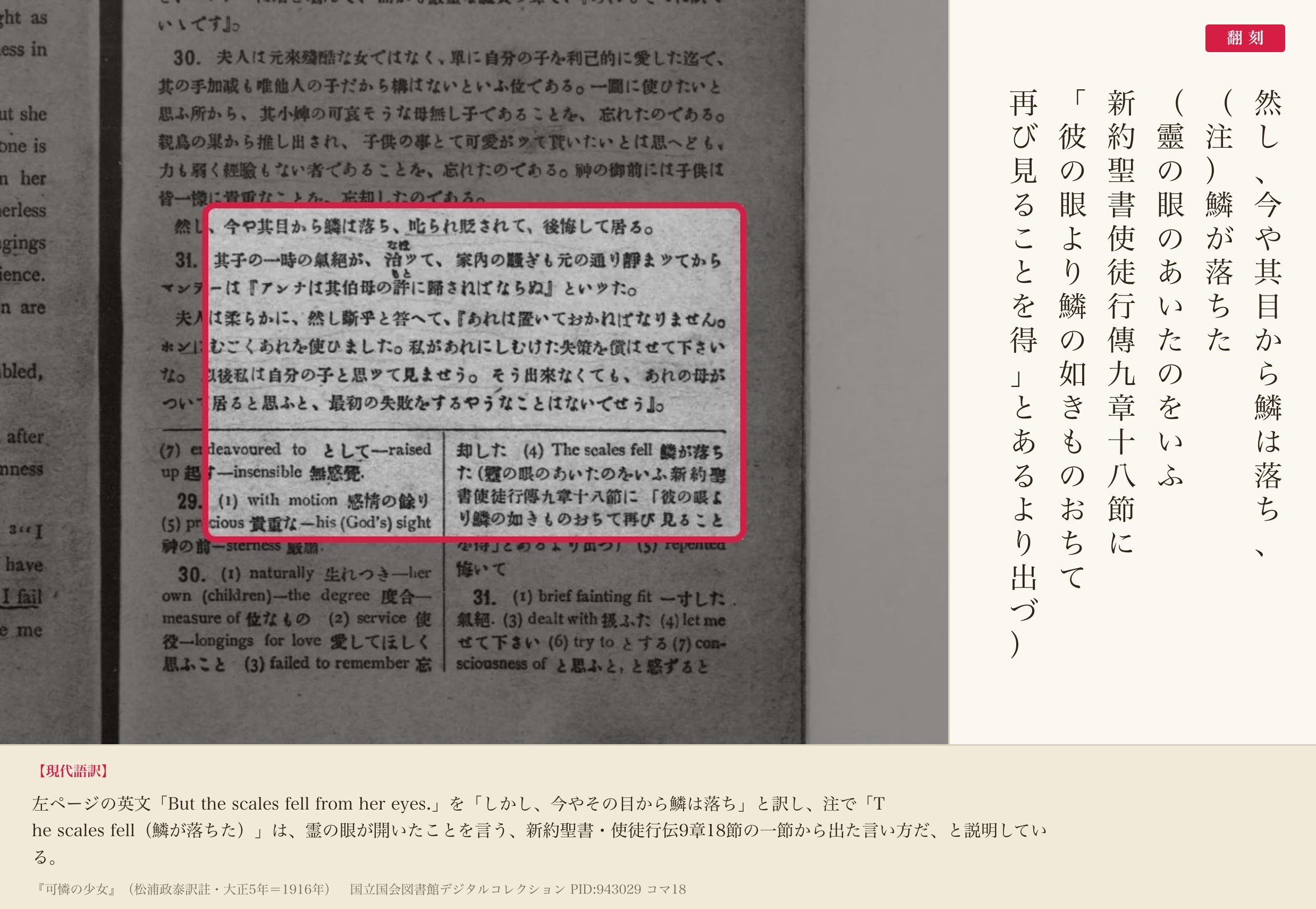 『可憐の少女』コマ18の訳「今や其目から鱗は落ち」と注「新約聖書使徒行傳九章十八節に…より出づ」と翻刻