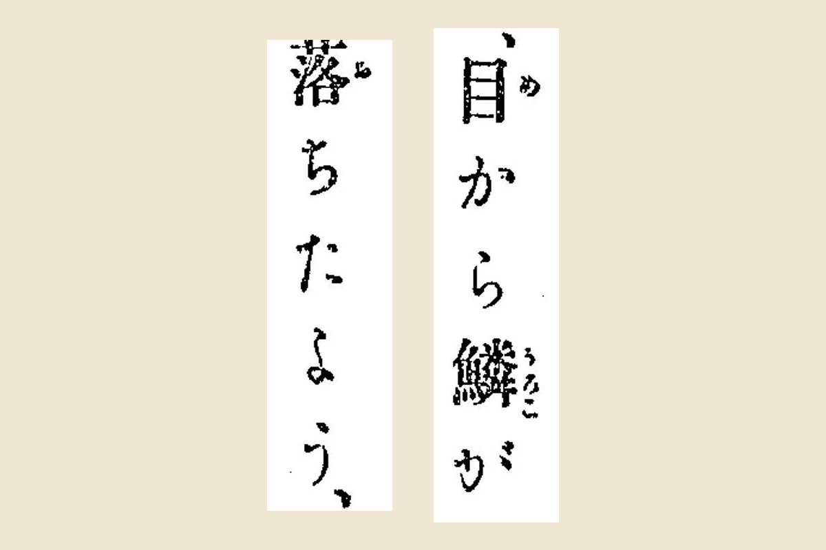 『勅語教訓 偉人二宮尊徳』コマ48から「目から鱗が」「落ちたよう、」を大きく切り出したもの