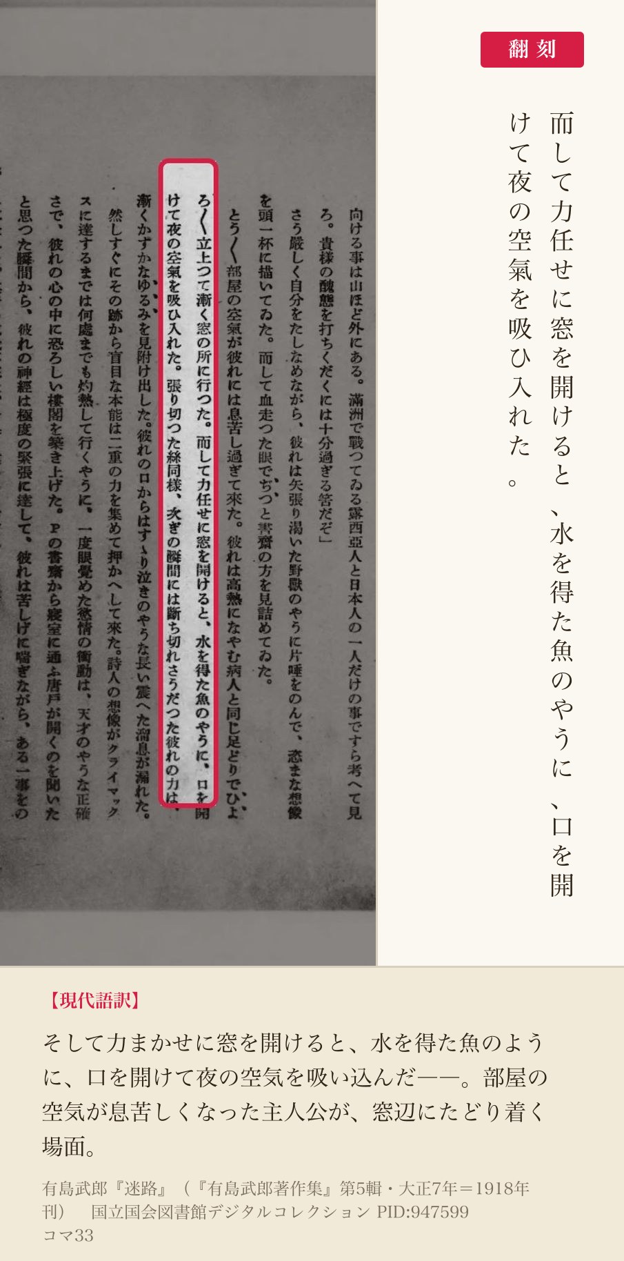 有島武郎『迷路』コマ33の「力任せに窓を開けると、水を得た魚のやうに、口を開けて夜の空気を吸ひ入れた」の列と翻刻