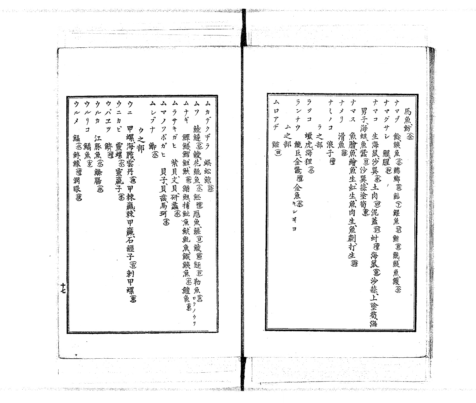 『水産俗字集』コマ17の見開き。左ページに「ムカデクヂラ」「ムツ」「ムナギ」などのカナ見出しと漢字の列