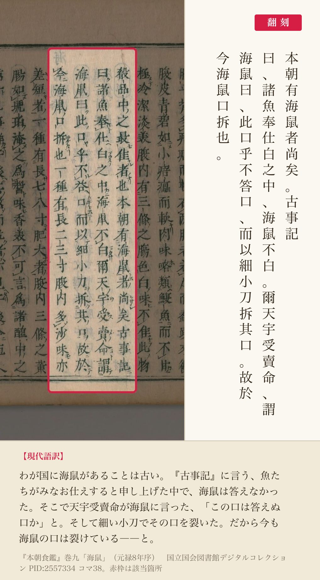 『本朝食鑑』巻九の海鼠の項と翻刻。「本朝有海鼠者尚矣。古事記曰……」