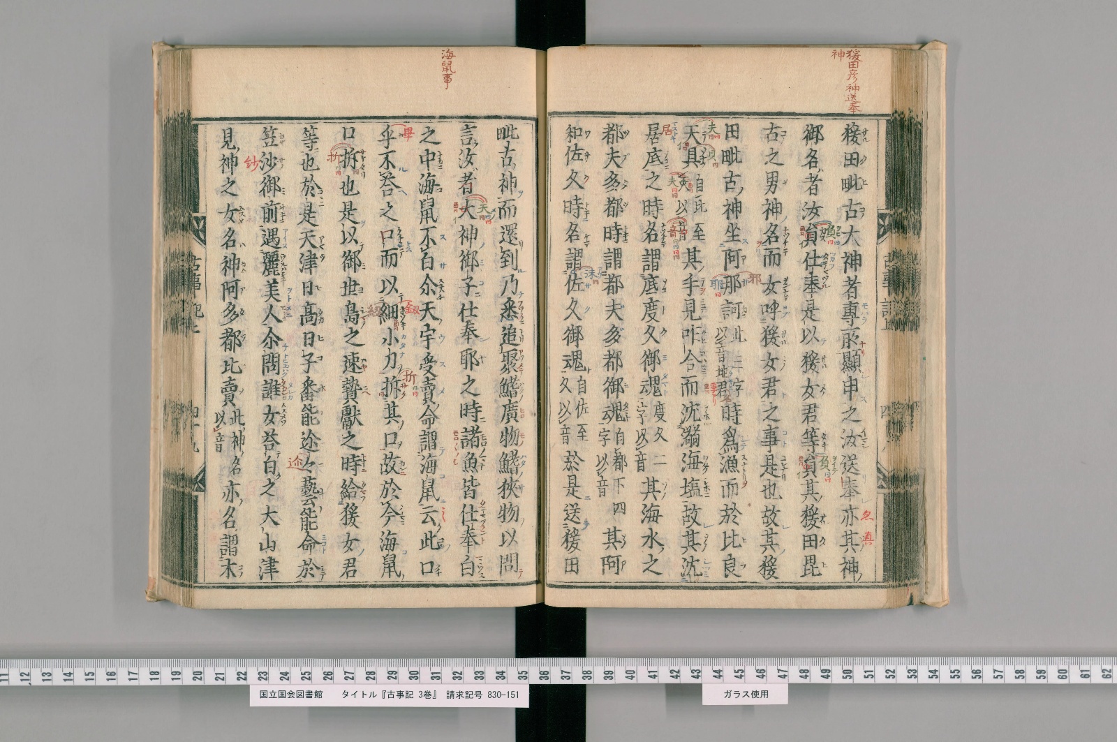 寛永二十一年刊『古事記』上巻の見開き。朱と青の書き入れがある