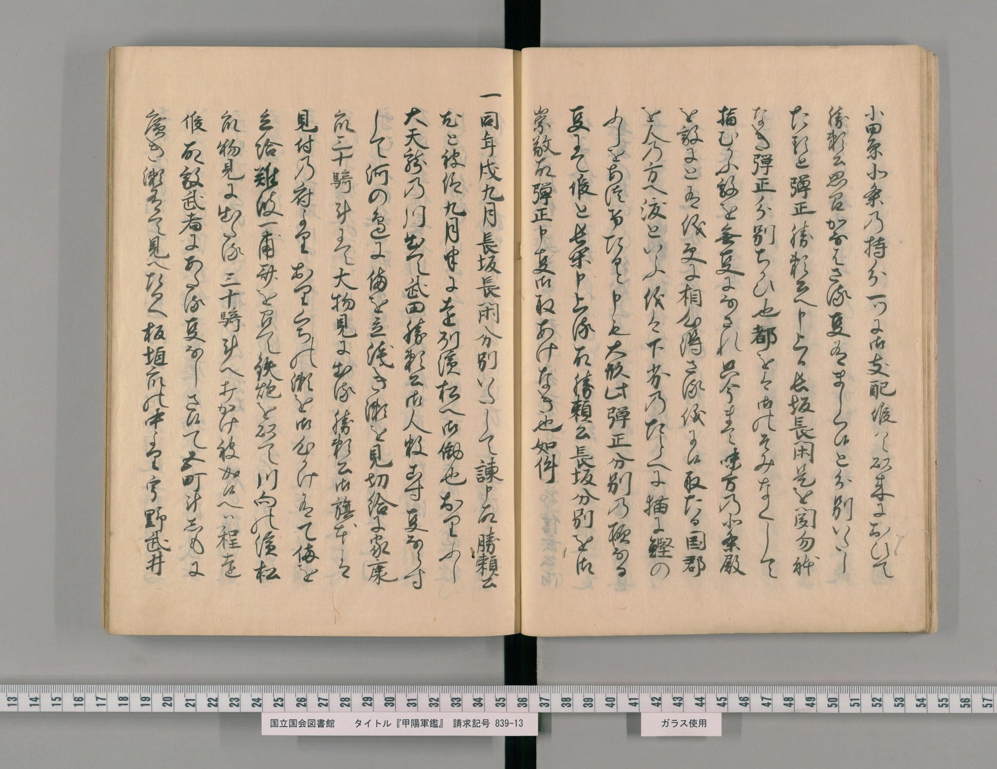 『甲陽軍鑑』写本コマ24の見開き。薄茶の紙に、太い筆のくずし字が1ページ10行ほど並ぶ