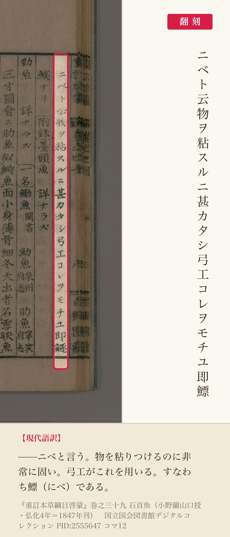 『重訂本草綱目啓蒙』コマ12の「ニベト云物ヲ粘スルニ甚カタシ弓工コレヲモチユ即鰾」の列と翻刻