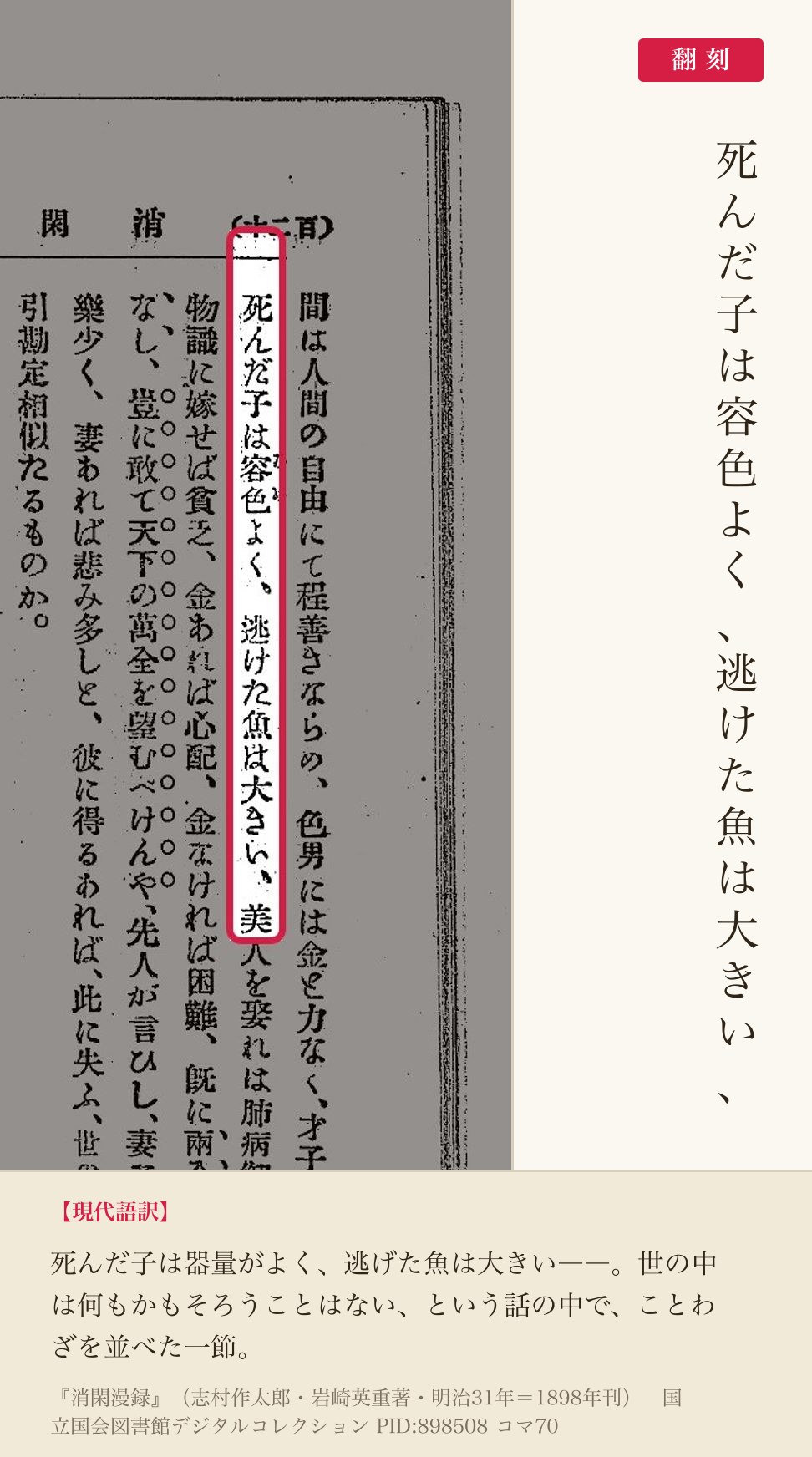 『消閑漫録』コマ70の「死んだ子は容色よく、逃けた魚は大きい、」の列と翻刻