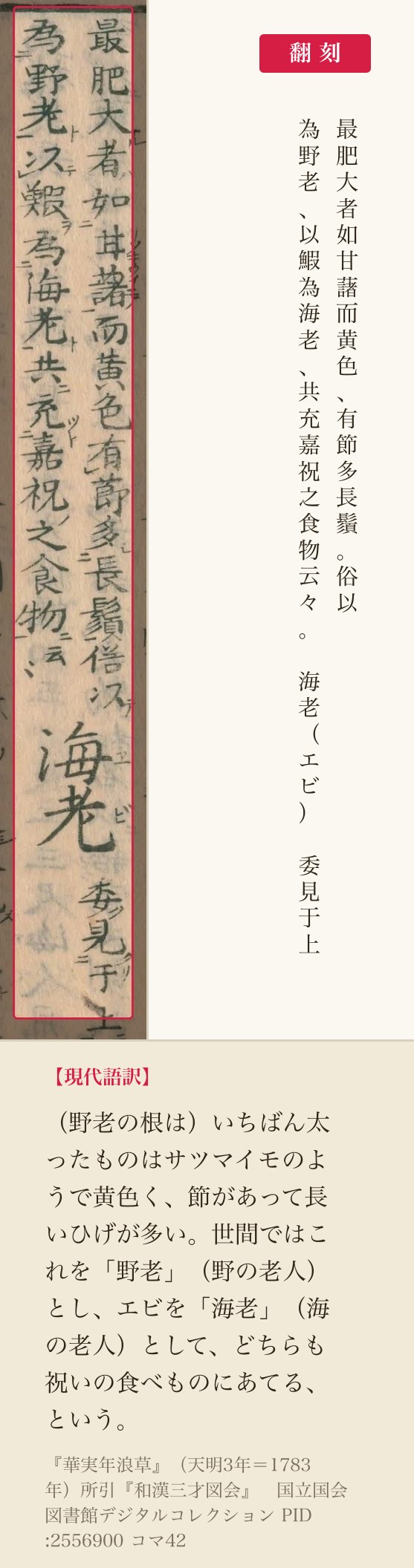 『華実年浪草』コマ42の「野老」の項の末尾二列と翻刻